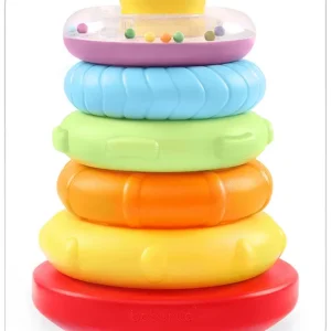 Babyhug Premium 5 Stacking Rings| 4 Textured and 1 Transparent Ring with Beads Sound| Junior Plastic Stack Up Educational Toy| Bath Toy Ring| BIS Certified| Non-Toxic| 6 Months+