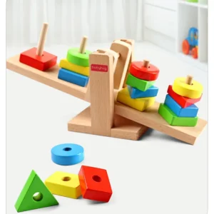 Babyhug Premium Wooden 16 pcs - 4 Shapes Sorting and Stacking See Saw Multicolor Toy| Educational Geometric Blocks Puzzle| BIS Certified| Non-Toxic| 3 Years+