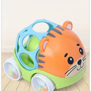 Babyhug Premium Tiger Free Wheel Car Cum Orange Rattle Toy| Fun, Flexible, and Soothing Rattle Toy for Kids|Gifting Toy| Child Safe Material| Improves Motor Skills| Early Development Toys for 3+ Months| Non-Toxic| BIS Certified