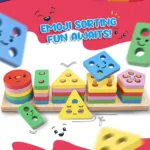 Intelliskills Stack N' Sort Premium Wooden Geometric Shapes with Cute Face Emojis Multicolour - 25 Pieces