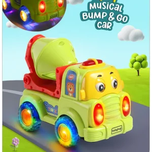 Babyhug 4 in 1 Musical Bump & Go Construction Series Cement Mixer Truck - Green| |BIS Aprroved| Moving Eye | Shape & Color Recognition| Light & Music| Spatial Awareness| Cause & Effect - Yellow