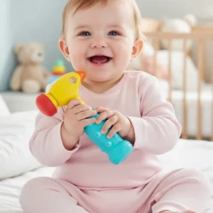 Babyhug Musical Hammer Toy with Light & Music - Yellow | Soft Rubber Head Baby Hammer Toy | Improves Motor Skills| Easy Grip Handle | Safe for Toddlers | Non-Toxic | BIS Certified