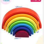 Babyhug Premium Wooden Rainbow Nesting Stacker - 7 Pieces| Colorful Educational Early Childhood Development Learning Toys for Fine Motor Skills| Montessori Nesting Building and Round Stacking Toy| BIS Certified| Non-Toxic